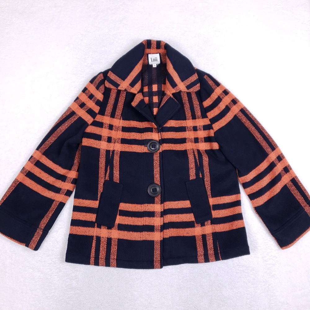 Luii Plaid Pea‎ Coat Size M Orange Navy Blue Academic Mod Short Jacket